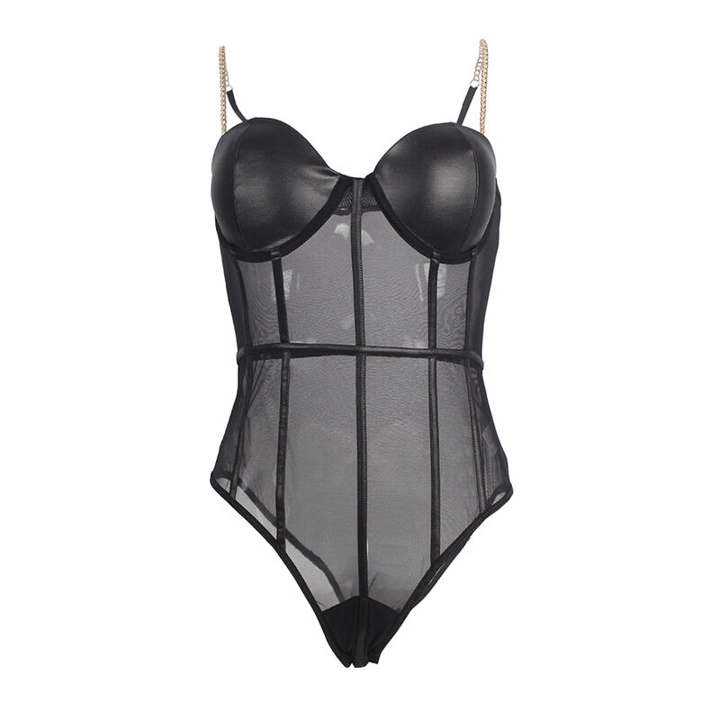 Body noir à brides chaînes et transparences — SUBBLIME BODIES
