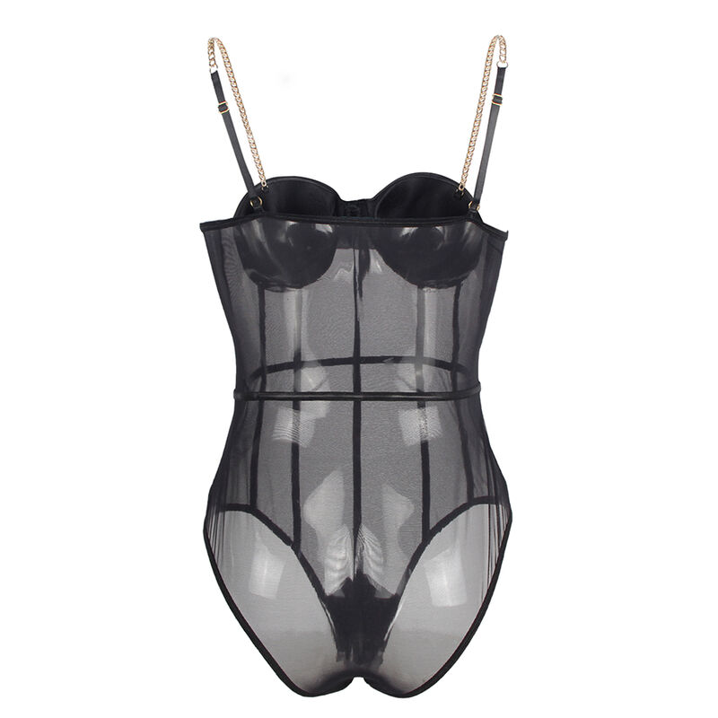Body noir à brides chaînes et transparences — SUBBLIME BODIES