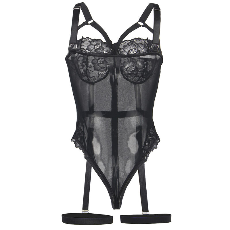 Teddy en dentelle avec jarretière intégrée et détail poitrine noir — SUBBLIME BODIES