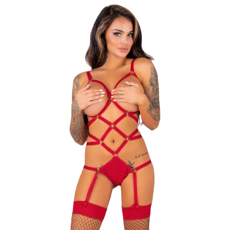 Ensemble body et bas résille rouge — LIVCO CORSETTI SETS