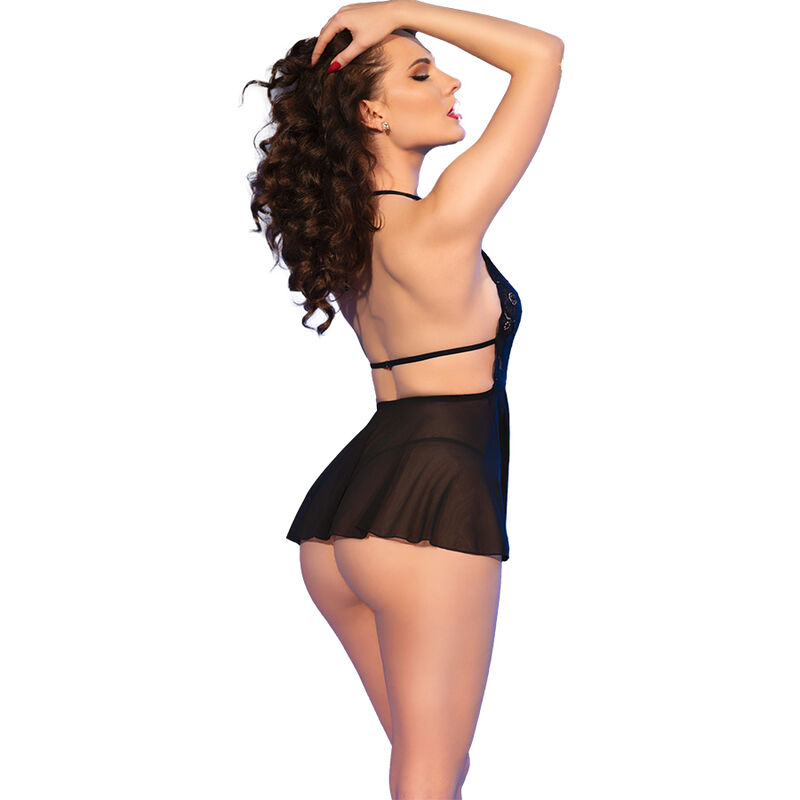 Babydoll nuisette ouverte et string en dentelle noire — CHILIROSE BABYDOLLS