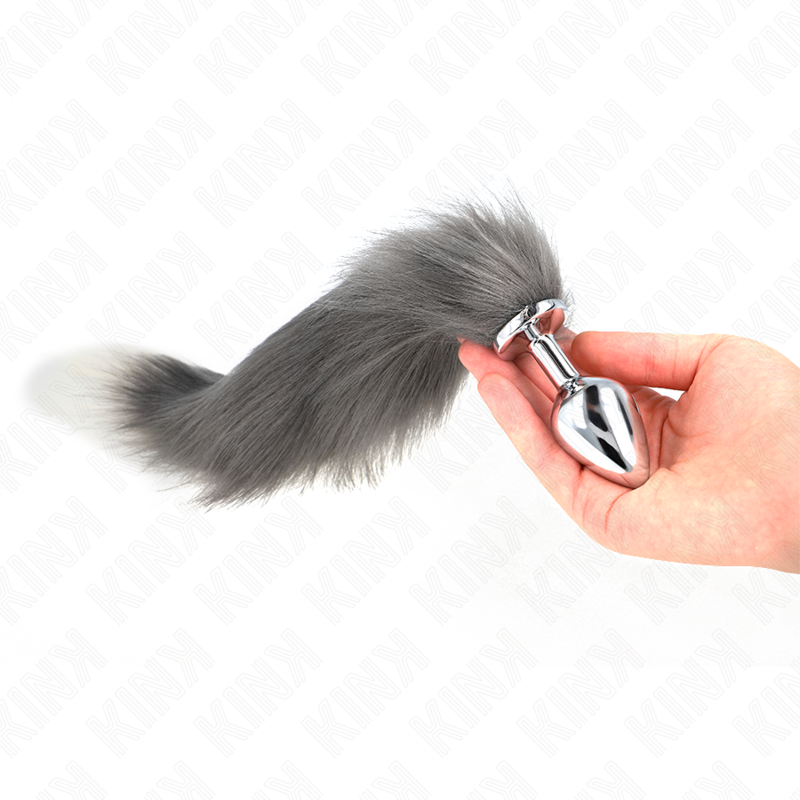 Plug anal taille moyenne avec queue synthétique gris et blanc — KINK PLEASURE PLUGS