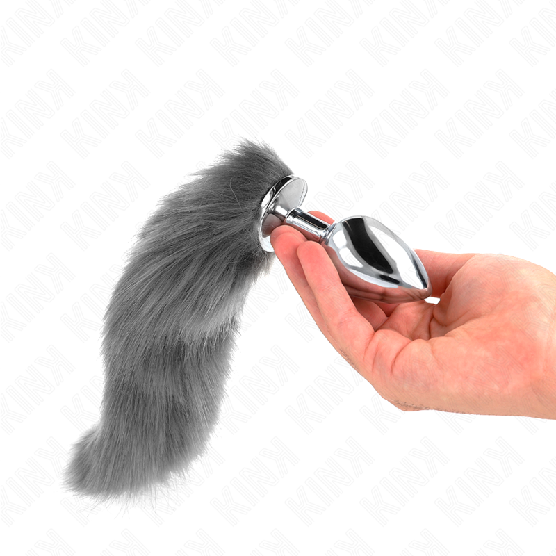 Plug anal largeur généreuse avec queue synthétique gris et blanc — KINK PLEASURE PLUGS