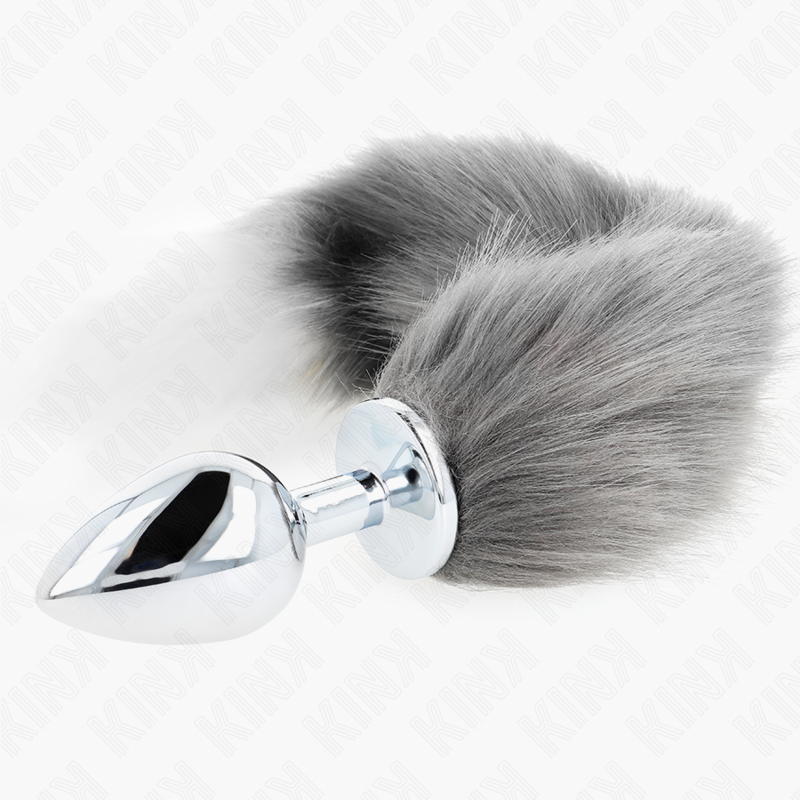 Plug anal largeur généreuse avec queue synthétique gris et blanc — KINK PLEASURE PLUGS