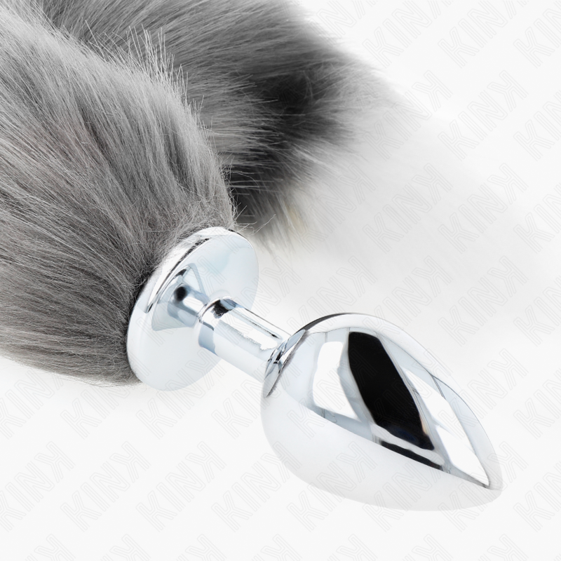 Plug anal largeur généreuse avec queue synthétique gris et blanc — KINK PLEASURE PLUGS