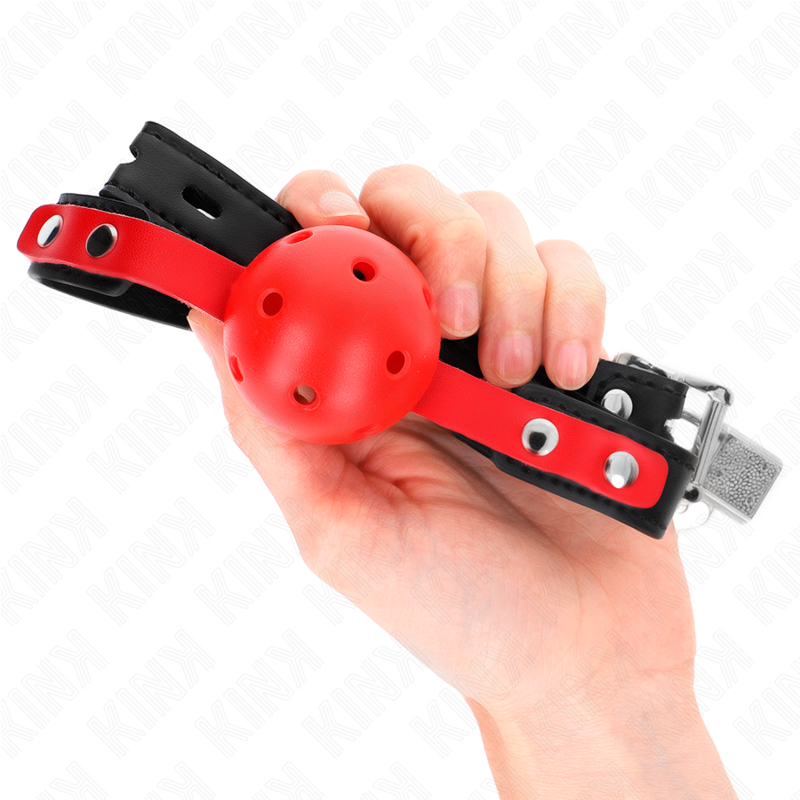 Ball gag vermelho oco ajustável com pulseira — KINK COLLAR & GAG