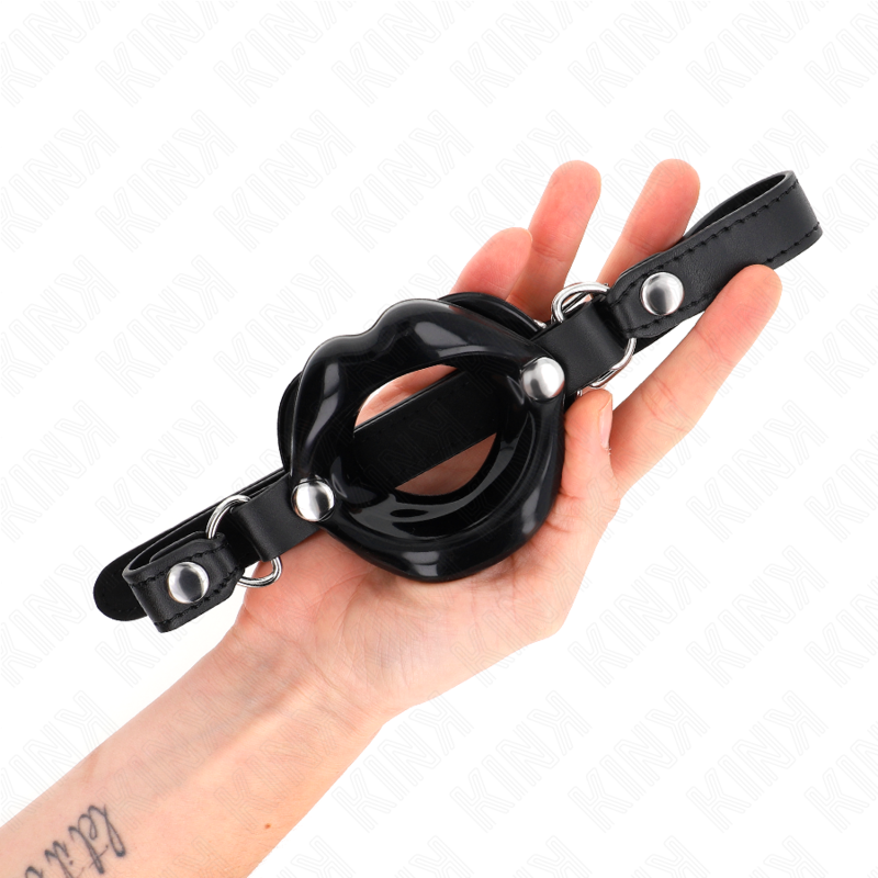 Bâton lip gag 8 cm avec sangle en cuir noir ajustable — KINK COLLAR & GAG
