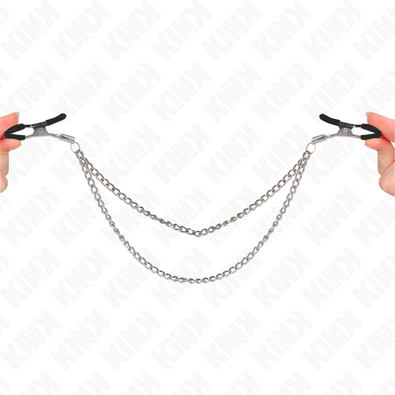 Pinces à tétons avec deux chaînes épaisses argent 20/23 cm — KINK NIPPLE GRIP