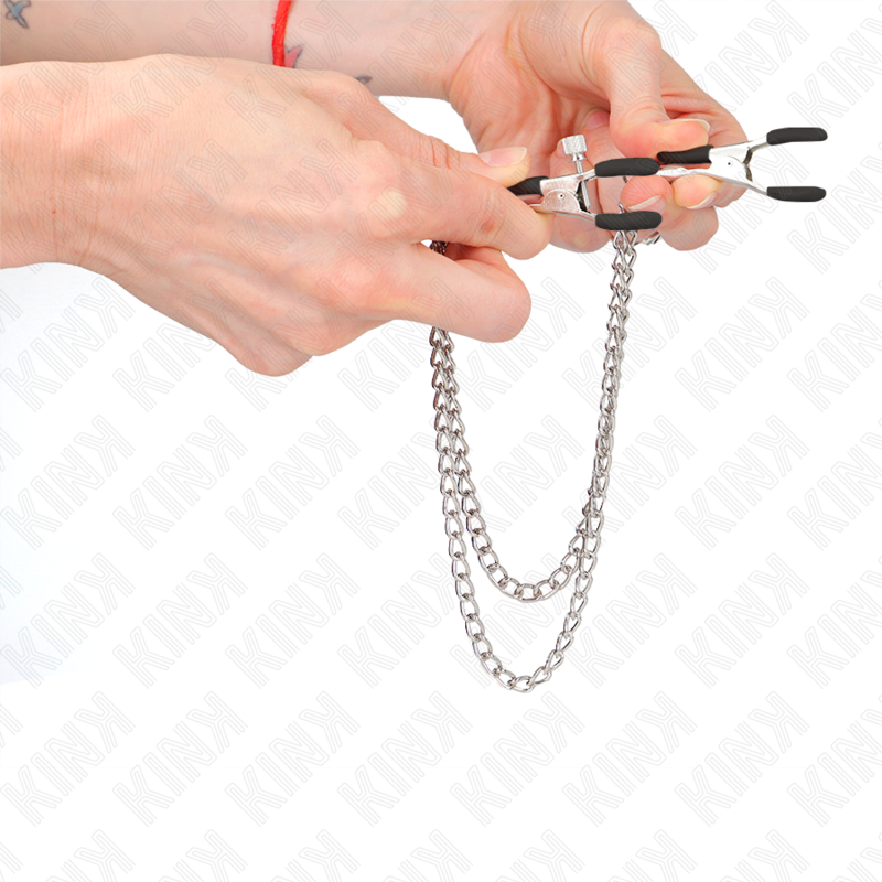 Pinces à tétons avec deux chaînes épaisses argent 20/23 cm — KINK NIPPLE GRIP