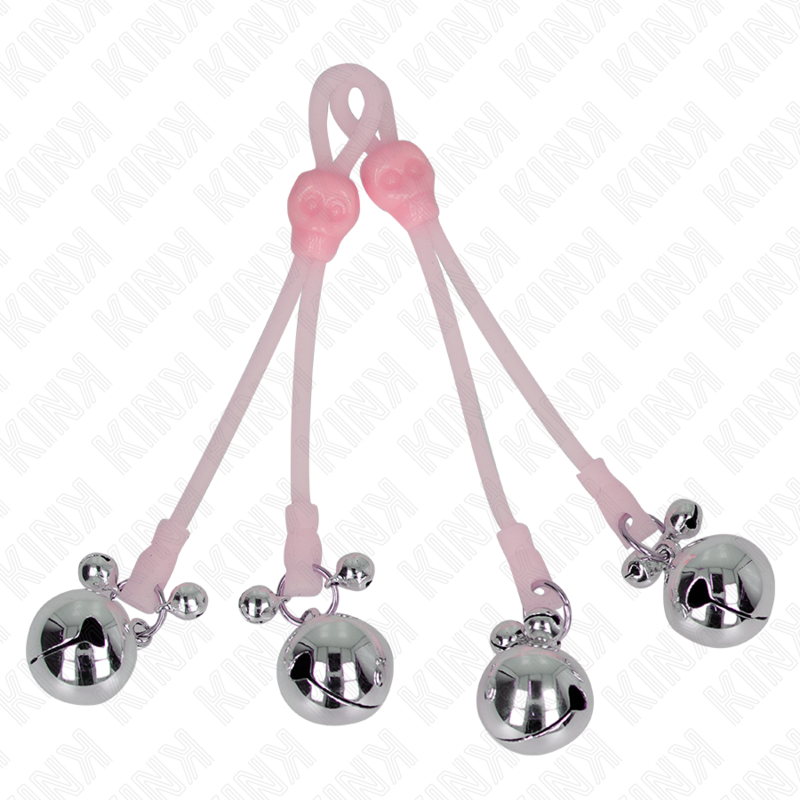 Pinces à téton lumineuses crâne avec anneau et cloches réglables rose/argent — KINK NIPPLE GRIP