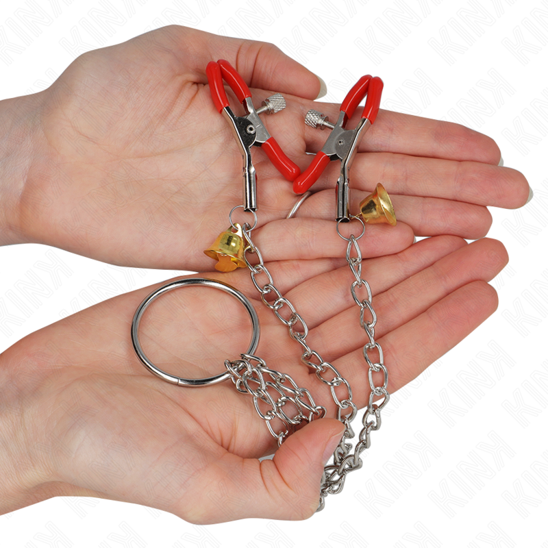 Triple pinces à tétons et clito rouges avec chaîne — KINK NIPPLE GRIP
