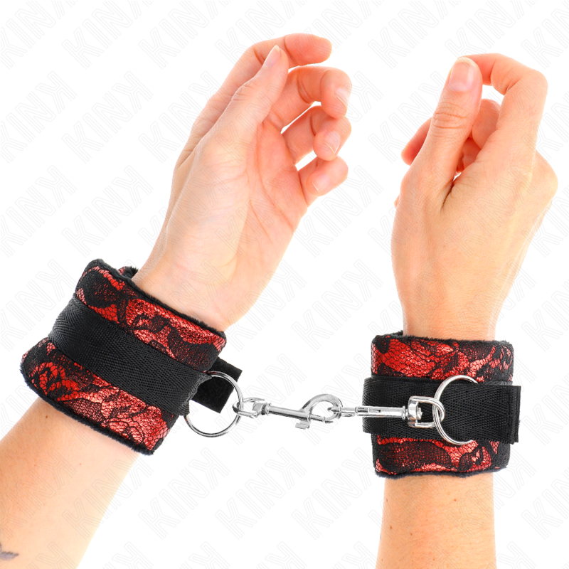 Attaches-poignets courtes en velours dentelle et nylon rouge et noir — KINK WRIST RESTRAINT