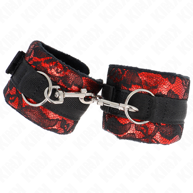 Ataduras de muñeca cortas en terciopelo encaje y nailon rojo y negro — KINK WRIST RESTRAINT