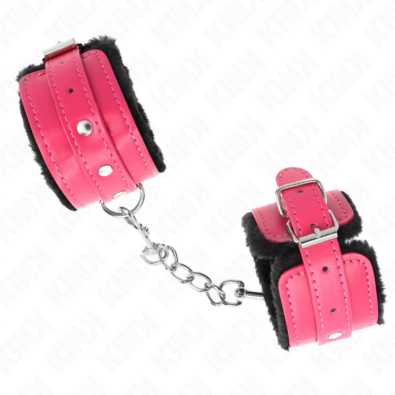 Appui-poignets doublés de fourrure premium noir avec ceinture réglable rose framboise — KINK WRIST RESTRAINT