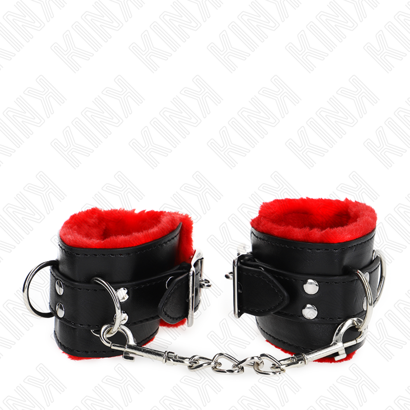 Apoios de pulso duplos em pele com furos quadrados e cinta ajustável vermelha e preta — KINK