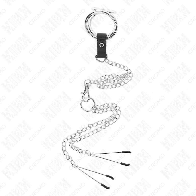 Anello penieno in metallo triplo cromo con catena e pinze per capezzoli — KINK RING POWER