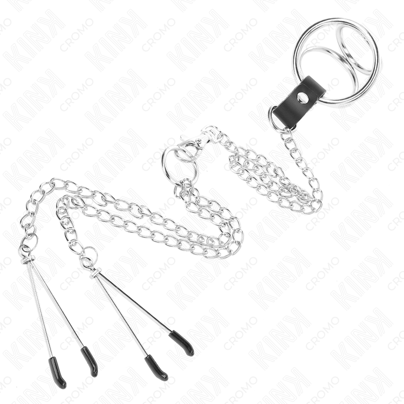 Anello penieno in metallo triplo cromo con catena e pinze per capezzoli — KINK RING POWER