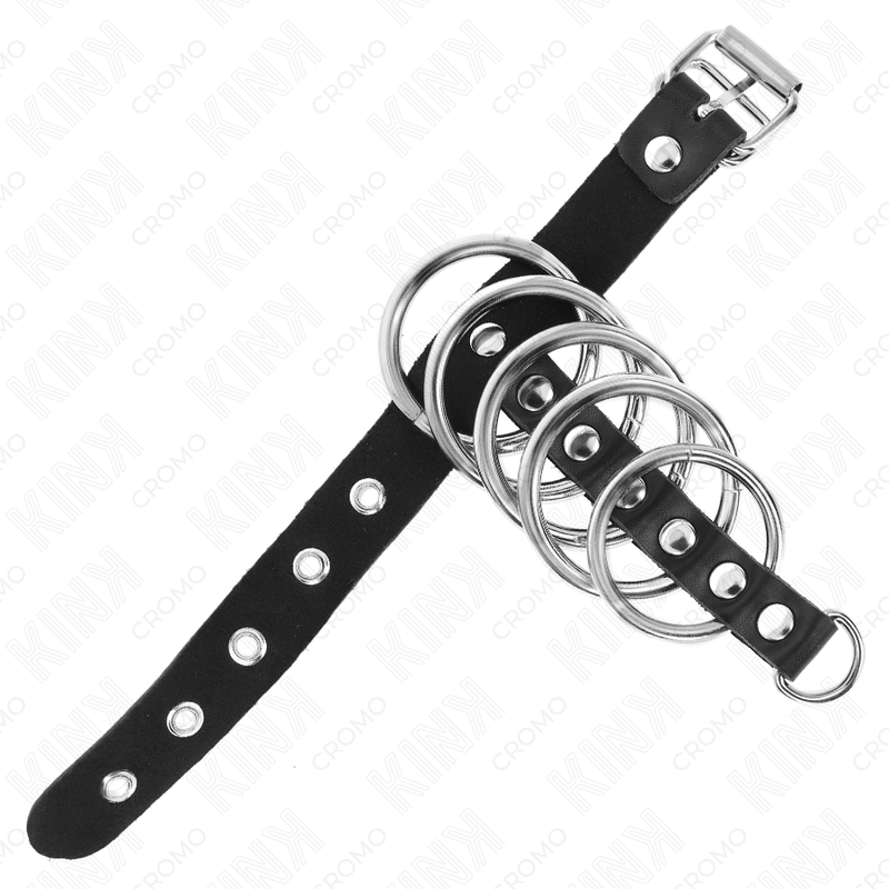 Anel peniano em couro com fecho ajustável e 5 anéis metálicos — KINK RING POWER