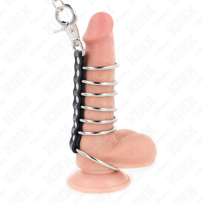 Set of 7 Adjustable Metal Penis Rings with Chain & Leather — KINK RING POWER