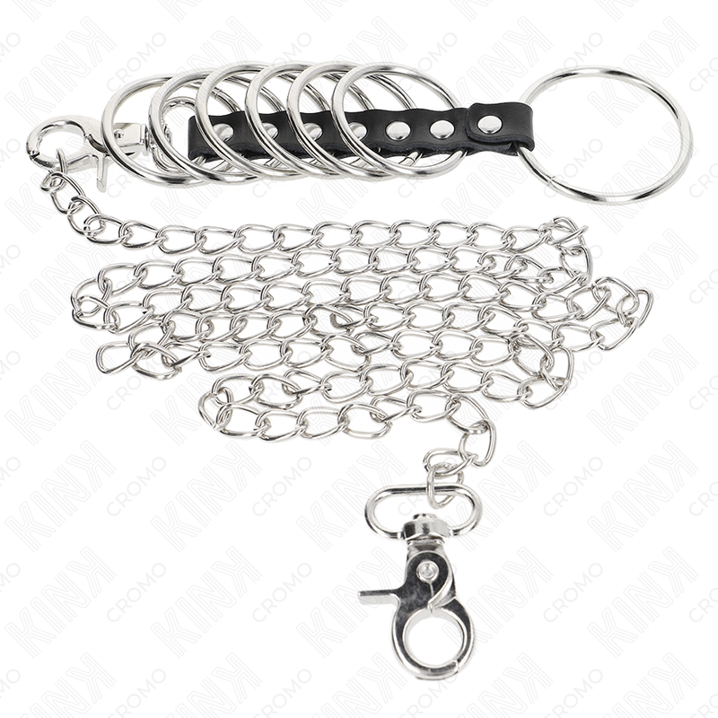 Set of 7 Adjustable Metal Penis Rings with Chain & Leather — KINK RING POWER