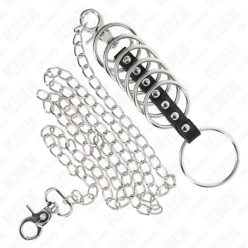 Set of 7 Adjustable Metal Penis Rings with Chain & Leather — KINK RING POWER
