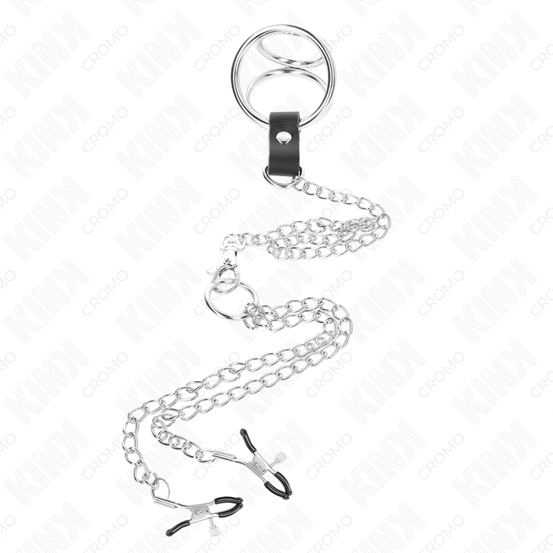 Triple Chrome Penis Ring with Chain and Nipple Clamps — KINK RING POWER