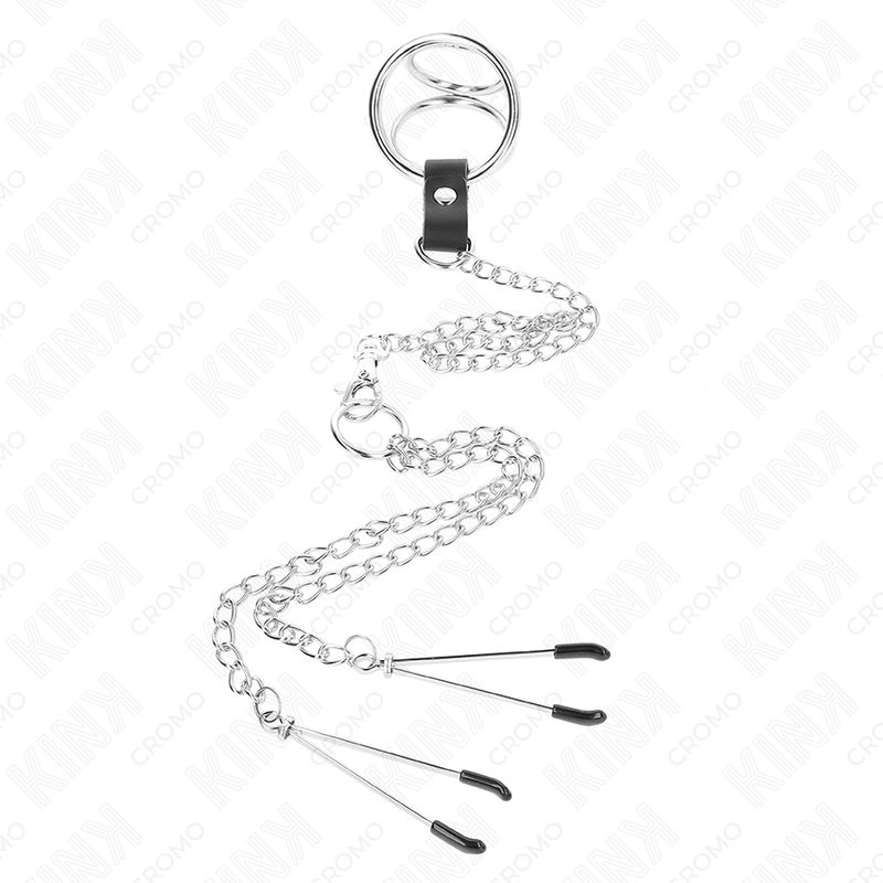 Anel peniano de metal triplo cromo com corrente e pinças para mamilos — KINK RING POWER