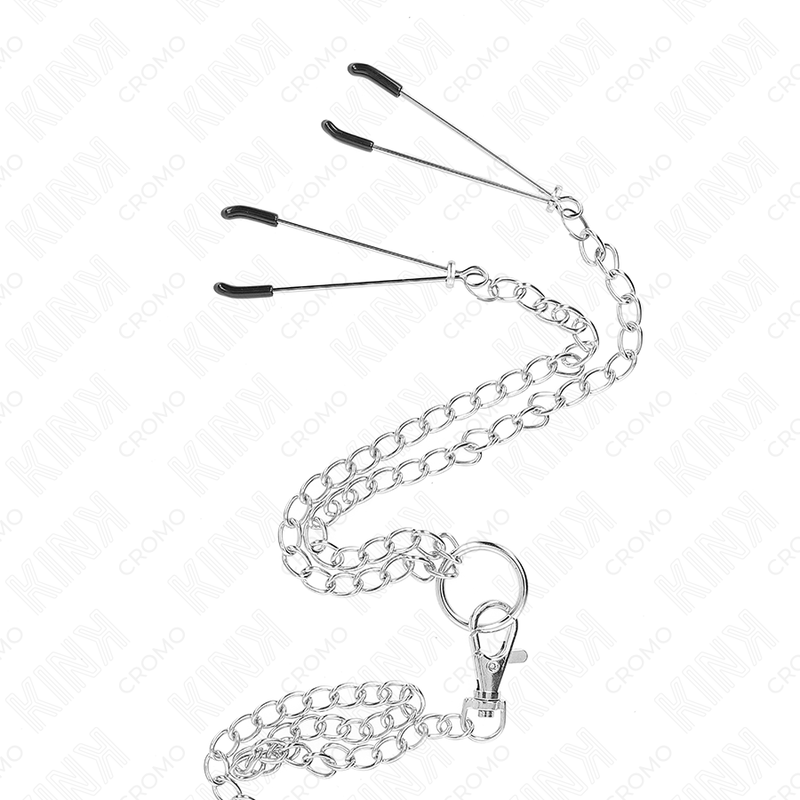 Anel peniano de metal triplo cromo com corrente e pinças para mamilos — KINK RING POWER