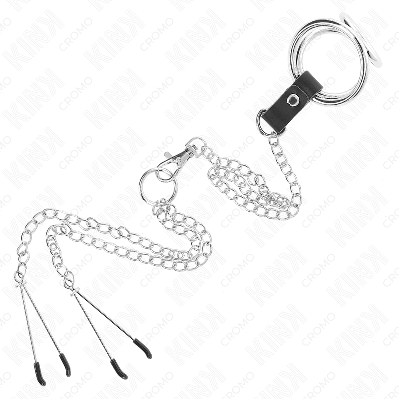 Anel peniano de metal triplo cromo com corrente e pinças para mamilos — KINK RING POWER