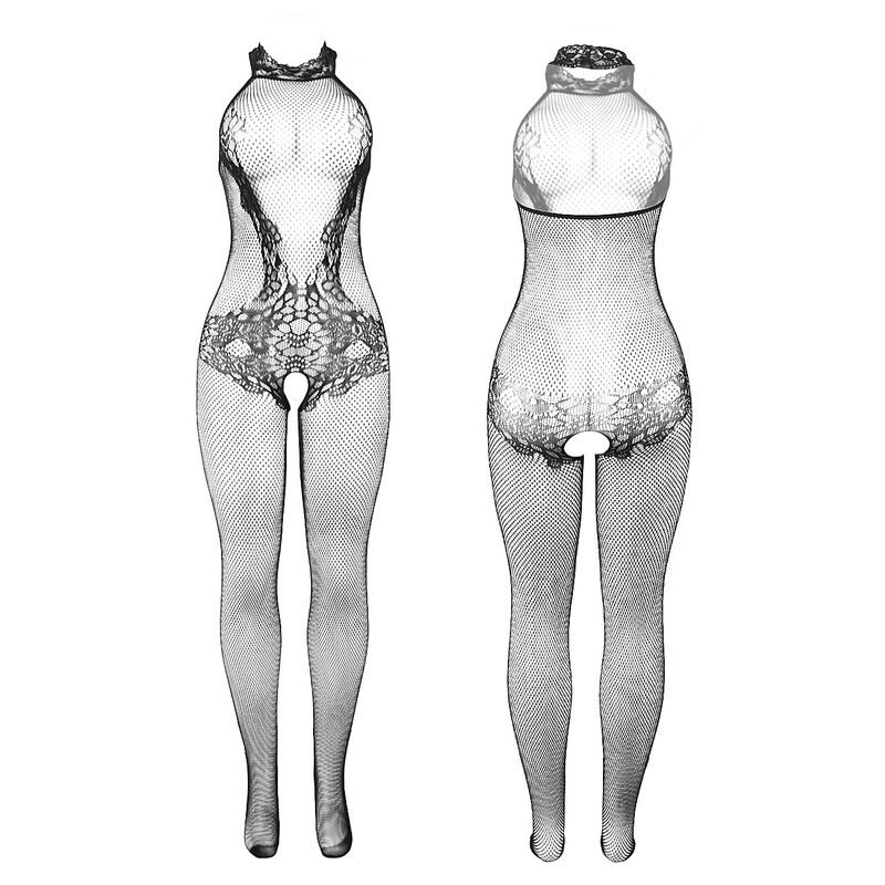 Bodystocking résille et dentelle sans fourreau col montant noir — SUBBLIME BODYSTOCKINGS