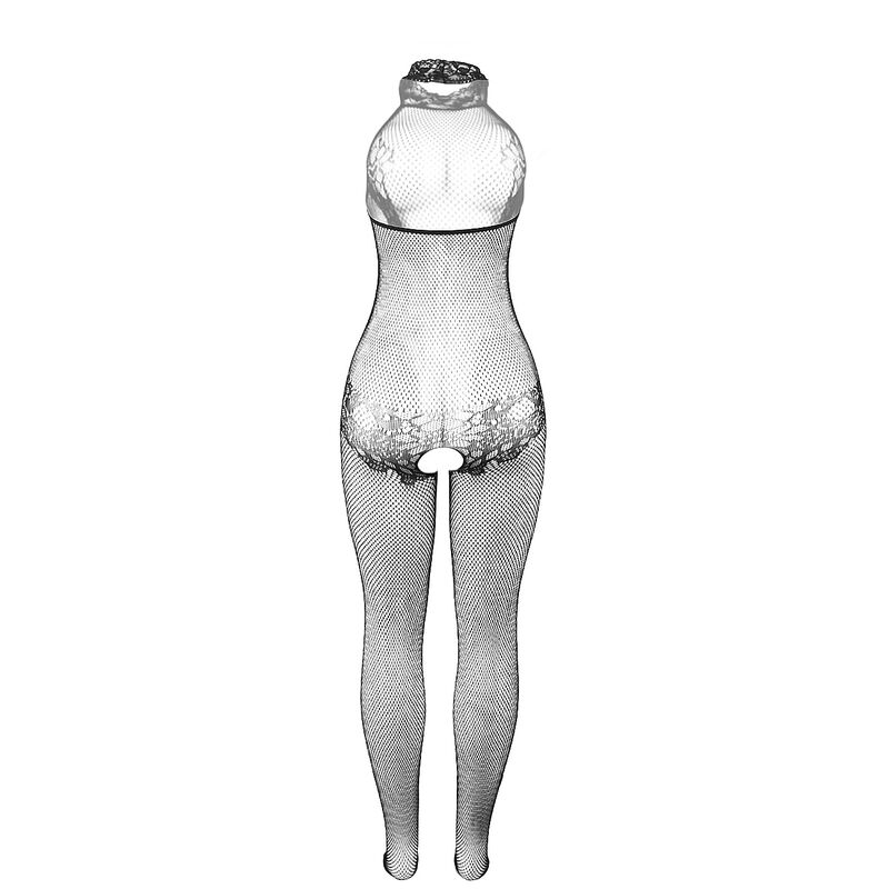 Bodystocking résille et dentelle sans fourreau col montant noir — SUBBLIME BODYSTOCKINGS