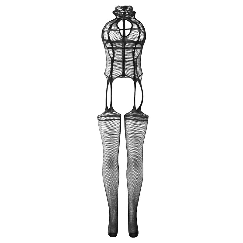 Body résille noir à col montant et imprimés, entrejambe ouvert — SUBBLIME BODYSTOCKINGS