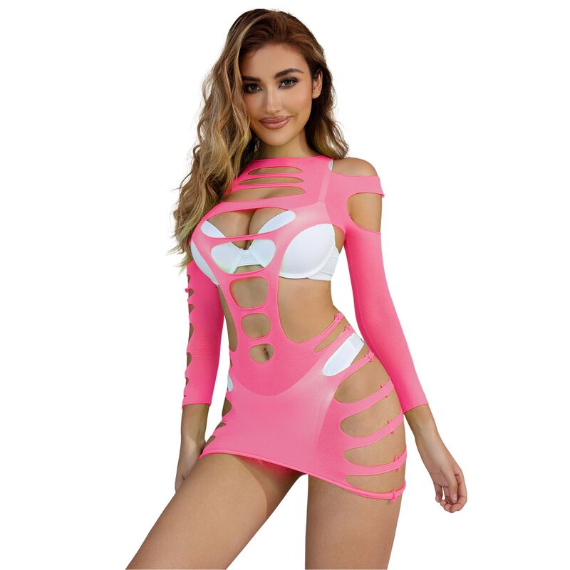 Robe résille élastique à manches longues rose — SUBBLIME DRESSES