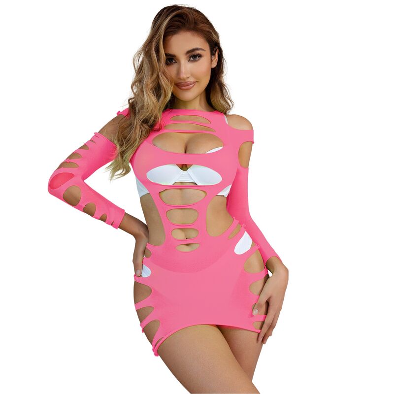 Robe résille élastique à manches longues rose — SUBBLIME DRESSES
