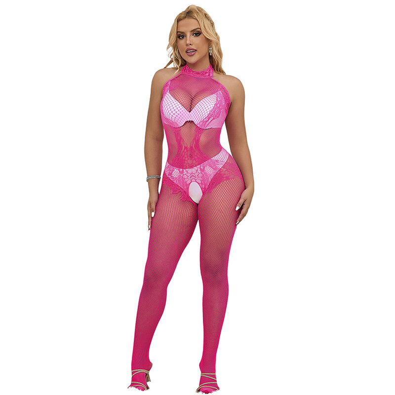Bodycol montant résille et dentelle rose — SUBBLIME BODYSTOCKINGS