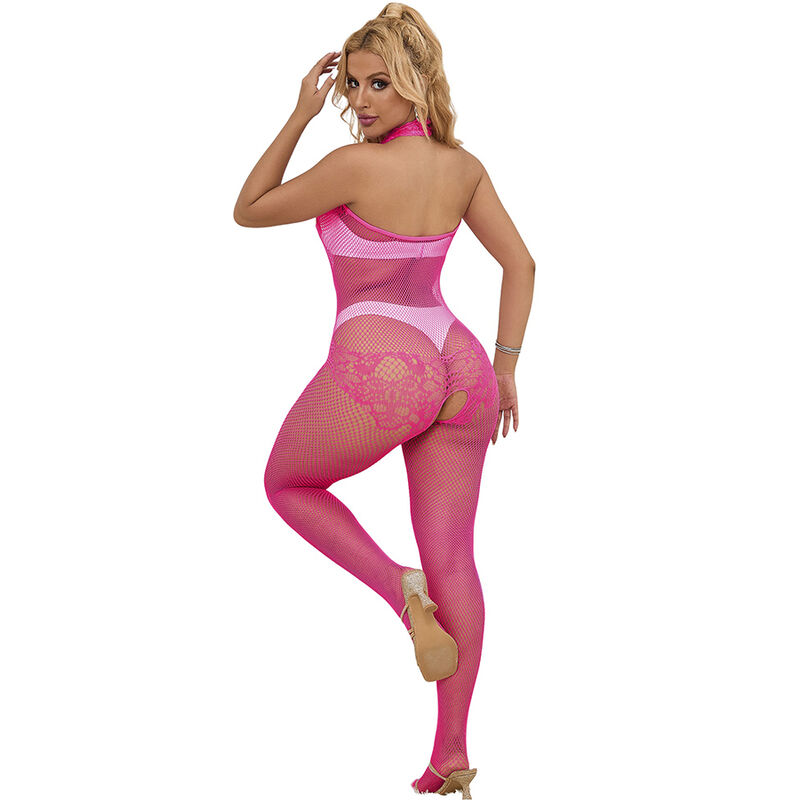 Body de decote alto em malha e renda rosa — SUBBLIME BODYSTOCKINGS