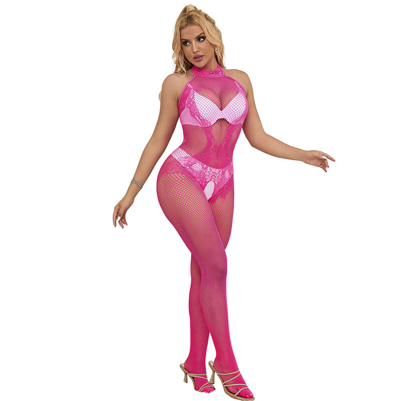 Body de decote alto em malha e renda rosa — SUBBLIME BODYSTOCKINGS