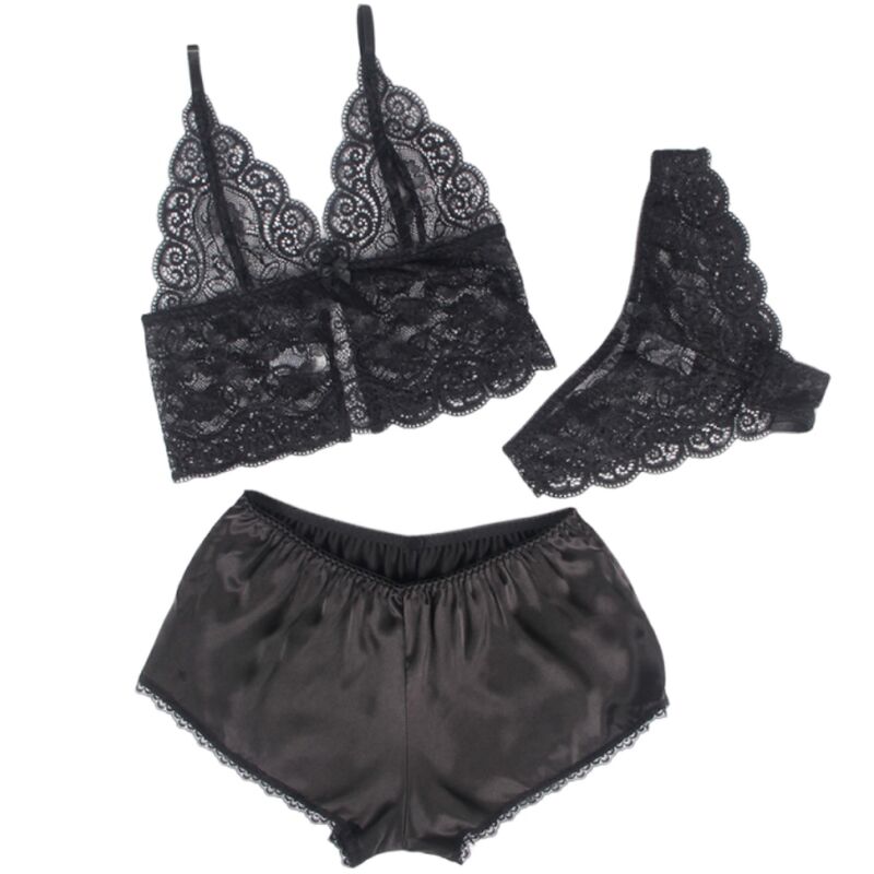 Seiden-Nachthemd-Set mit schwarzer Spitze und Slip — SUBBLIME SETS