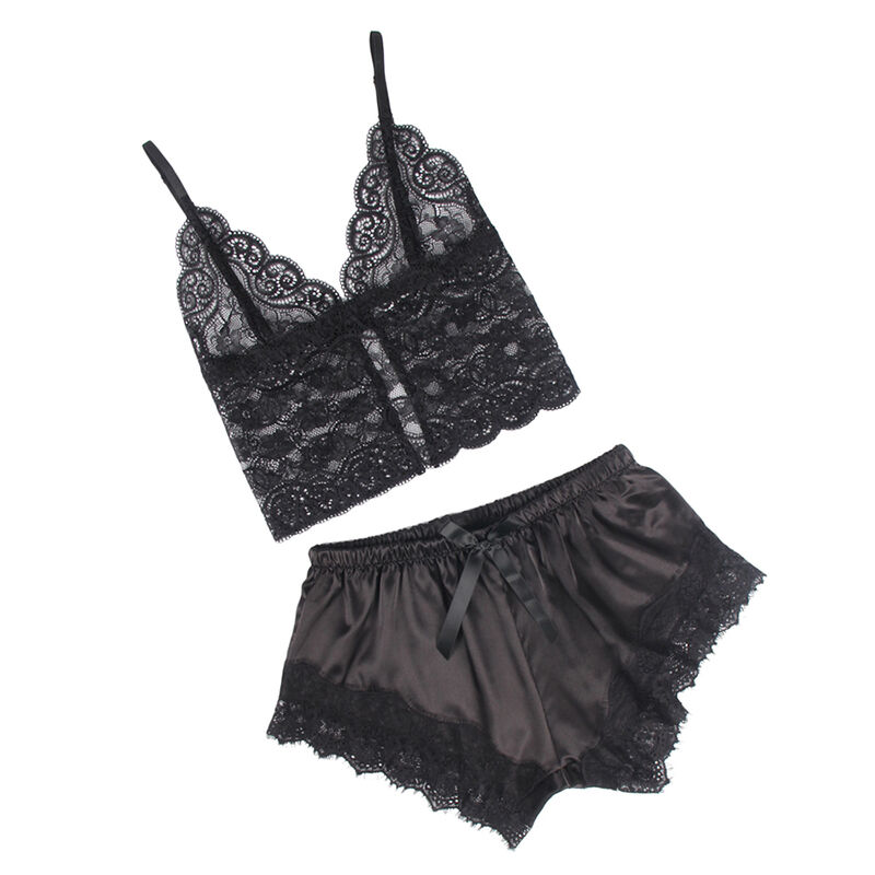 Conjunto de camisón de seda relajado y pantalón de encaje negro — SUBBLIME SETS