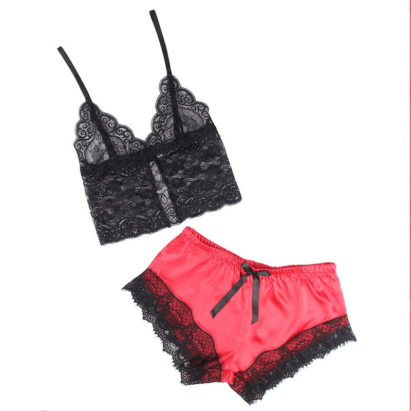 Ensemble chemise de nuit en soie et pantalon en dentelle noir/rouge — SUBBLIME SETS
