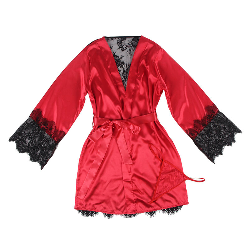 Caraco dos transparent en dentelle et string rouge et noir — SUBBLIME SETS