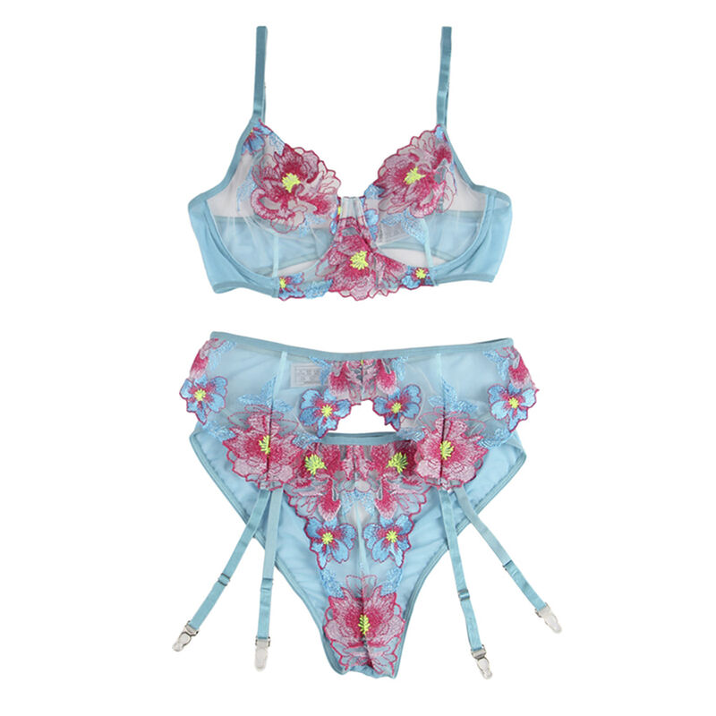 Ensemble lingerie porte-jarretelles motif floral bleu — SUBBLIME SETS