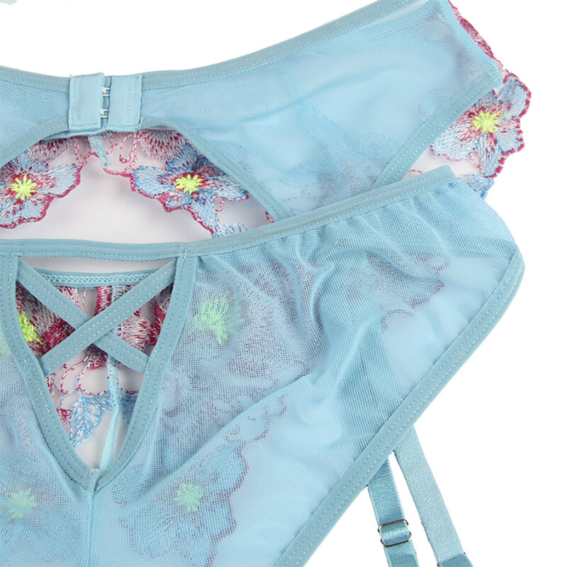 Conjunto sujetador, bragas y liguero floral azul — SUBBLIME SETS