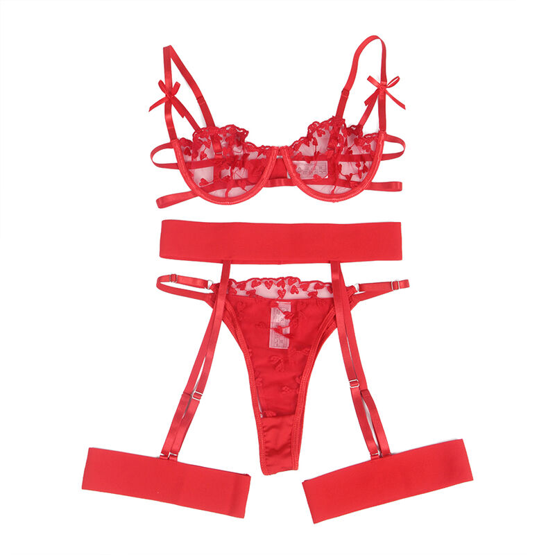 Set lingerie stampa cuori rossi — reggiseno, perizoma e giarrettiera SUBBLIME SETS
