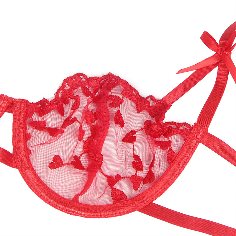 Set lingerie stampa cuori rossi — reggiseno, perizoma e giarrettiera SUBBLIME SETS