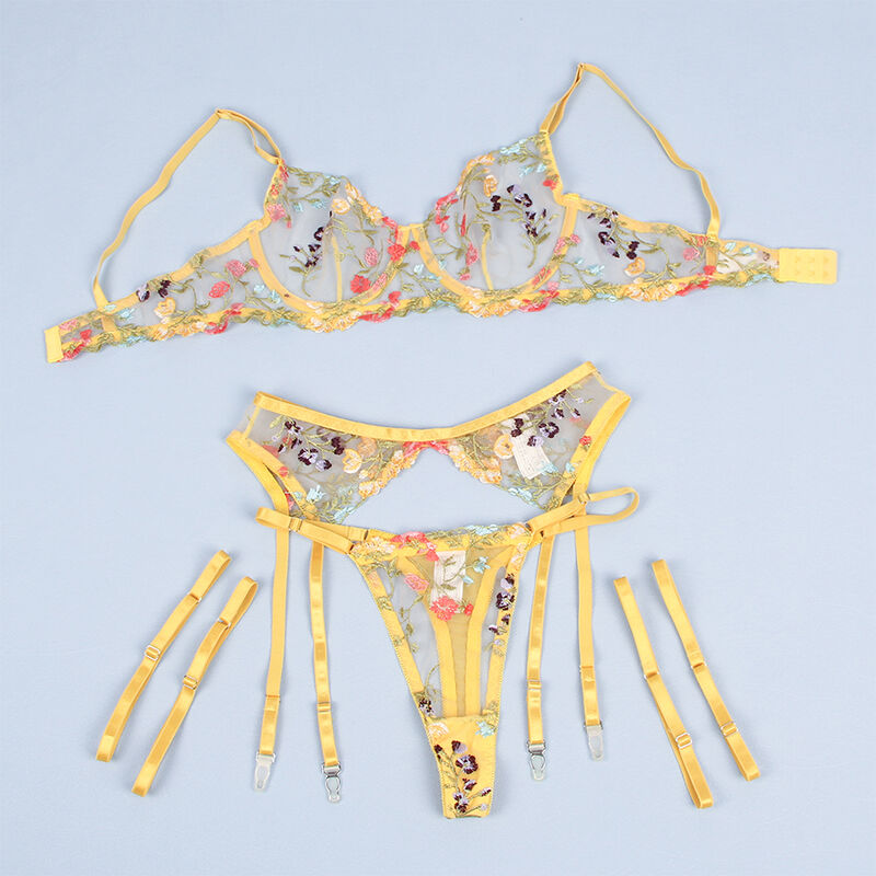 Ensemble lingerie floral jaune avec porte-jarretelles — SUBBLIME SETS