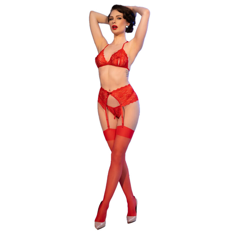 Ensemble soutien-gorge, string, porte-jarretelles et bas dentelle rouge — CHILIROSE SETS