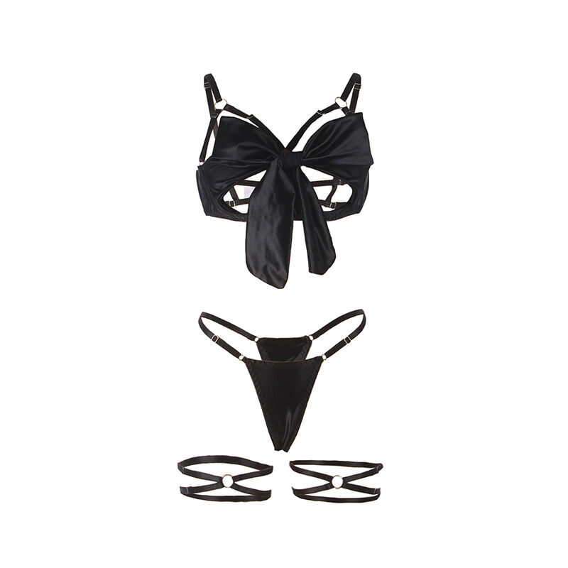 Ensemble soutien-gorge, string et porte-jarretelles avec nœud noir — SUBBLIME SETS