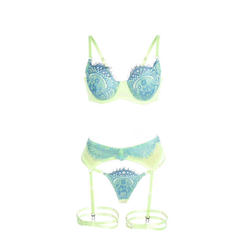 Ensemble soutien-gorge et jarretelle en dentelle à cils vert — SUBBLIME SETS