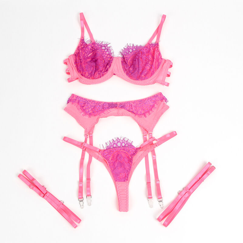 Conjunto sutiã e ligas de renda rosa — SUBBLIME SETS